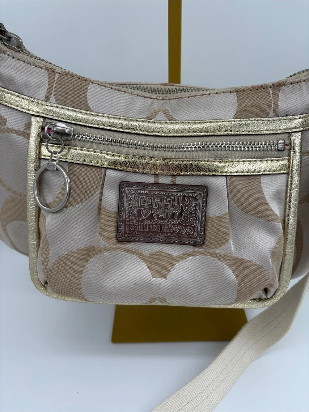 Coach Poppy Beige Signature Canvas Shoulder Bag with Gold Accents
